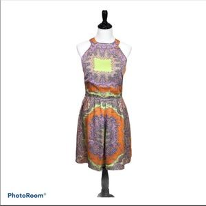 MM Couture orange and purple open back halter dress with back scarf ties